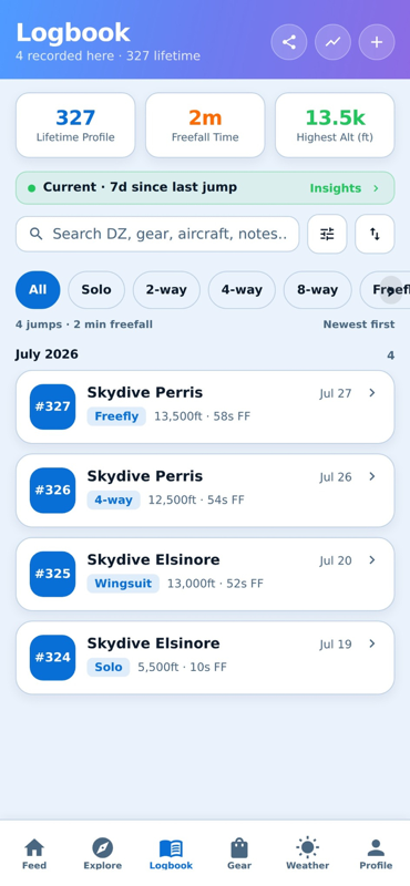Jumpfolio logbook screen