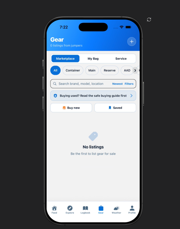 Jumpfolio marketplace screen with filters for container, main, reserve and AAD and a safe buying guide